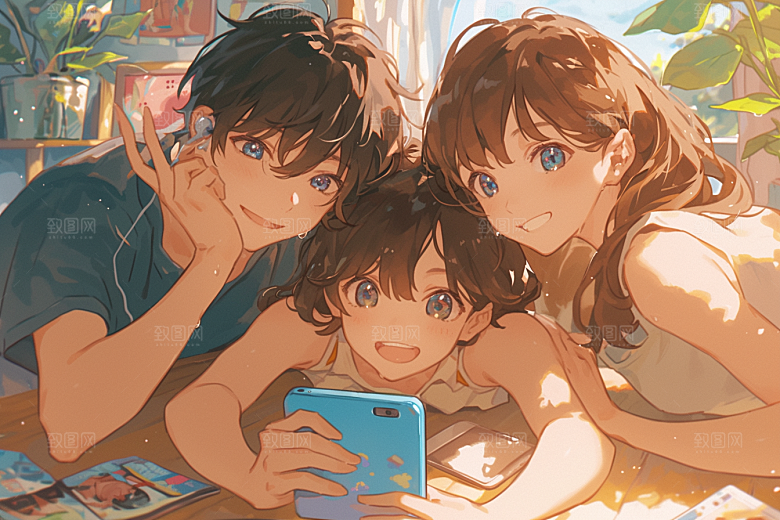 夏日聚会自拍场景插画