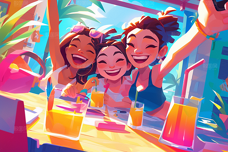 夏日聚会漫画风高清插画