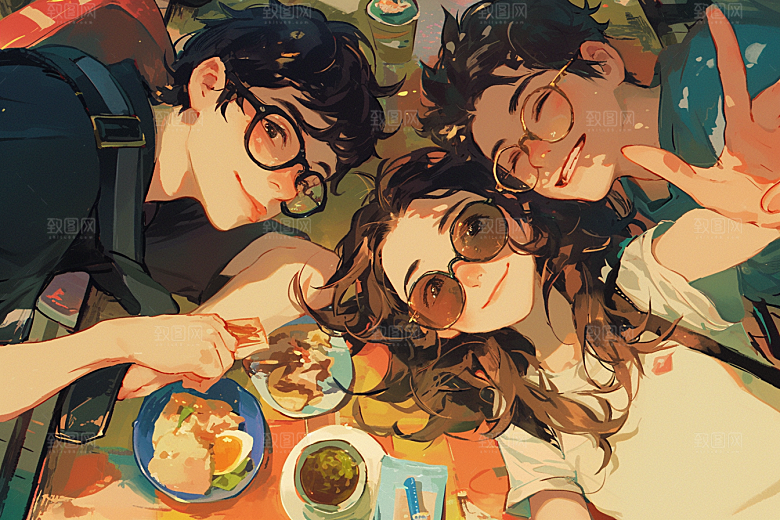 夏日聚会自拍欢乐插画