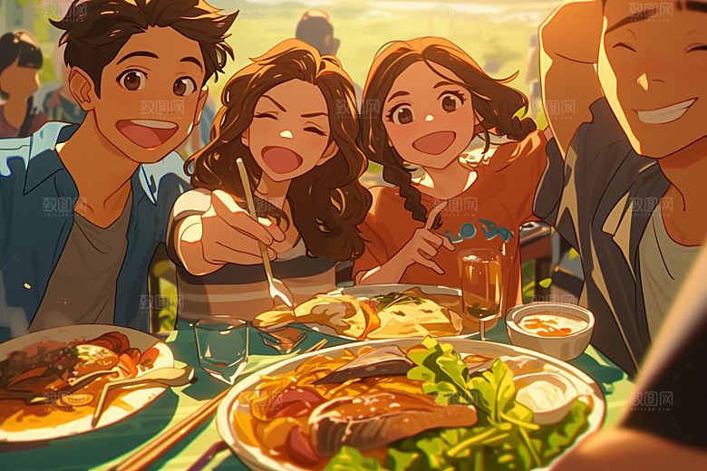 夏日聚会暑假友情插画