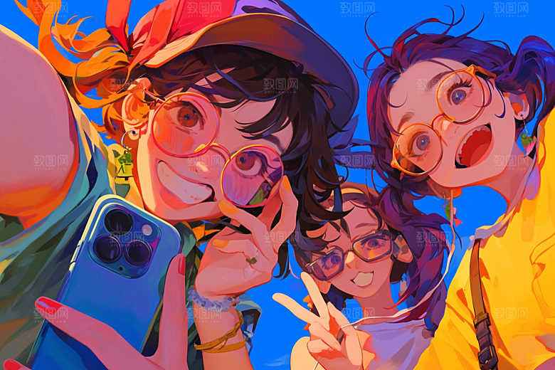 夏日聚会手绘自拍插画