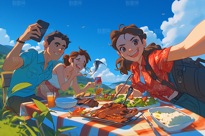 夏日聚会友情欢乐插画