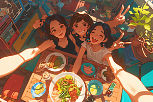 夏日聚会欢乐场景插画