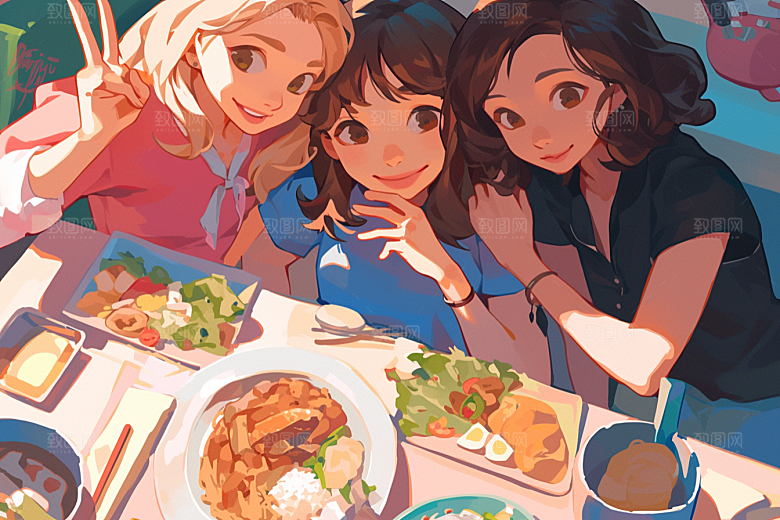 夏日聚会自拍漫画风插画
