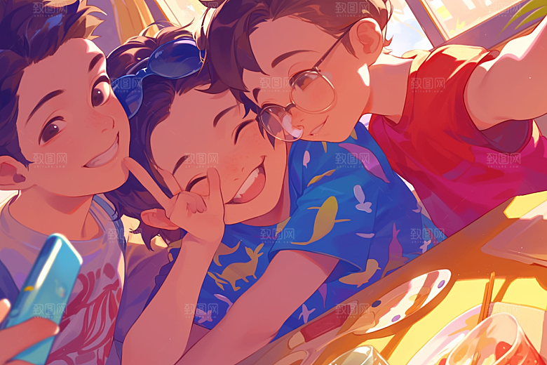 夏日聚会暑假友情插画