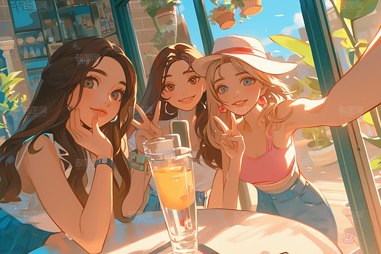 夏日聚会暑假自拍插画
