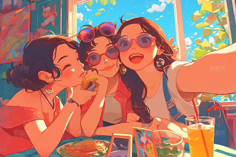 夏日聚会欢乐发小插画