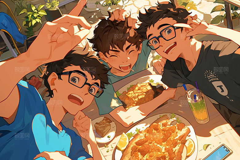 夏日聚会发小高清插画