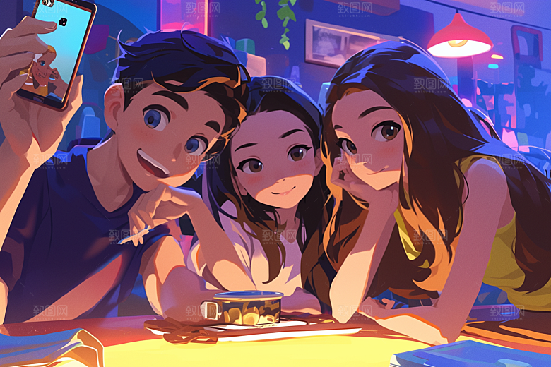 夏日聚会暑假手绘插画