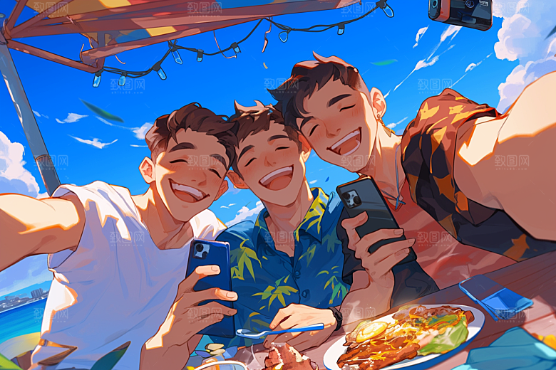 夏日聚会友情手绘插画