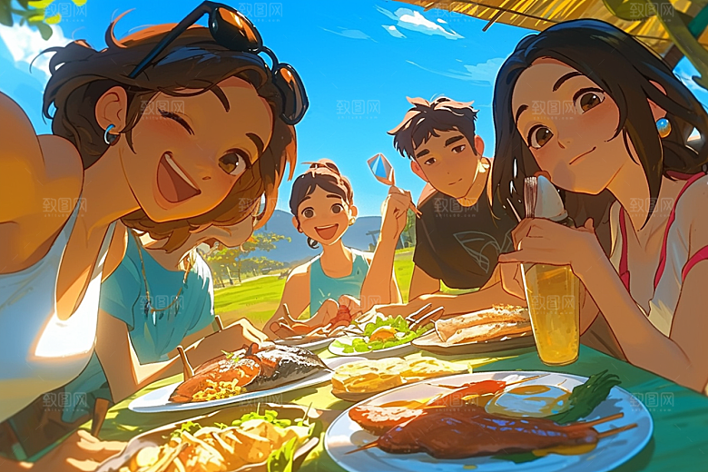 夏日聚会友谊发小插画