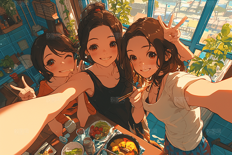 夏日聚会自拍发小插画