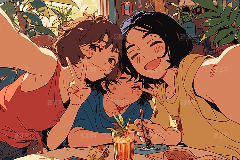 夏日聚会友情手绘插画