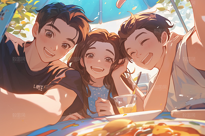 夏日聚会同学自拍插画