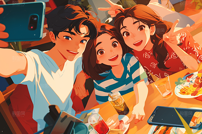 夏日聚会自拍场景插画