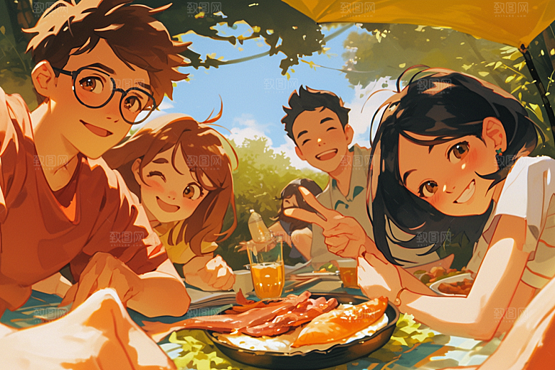 夏日聚会漫画风欢乐插画