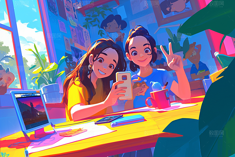 夏日聚会漫画风手绘插画