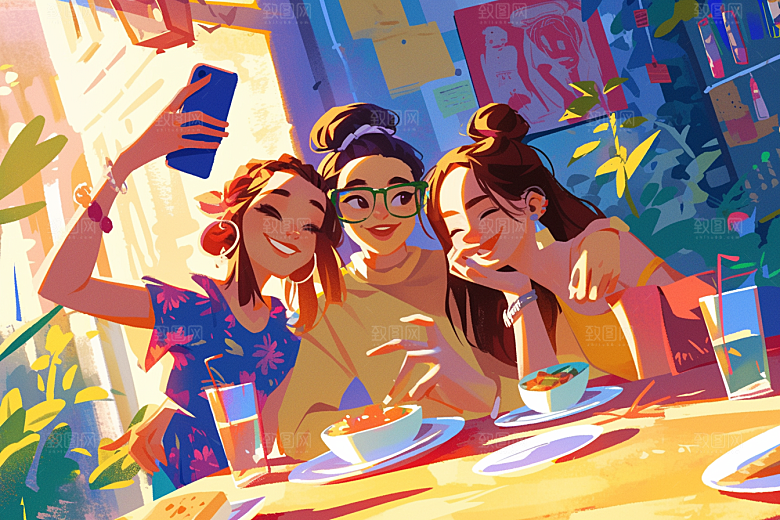 夏日聚会场景手绘插画
