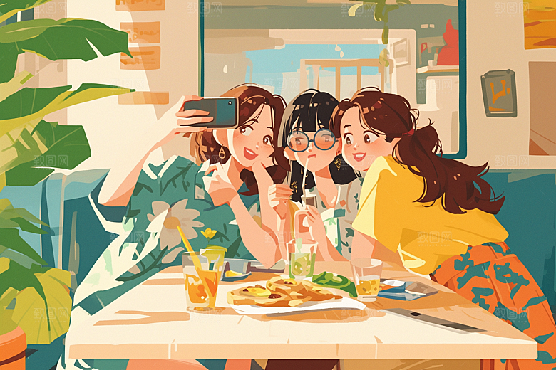 夏日聚会暑假手绘插画