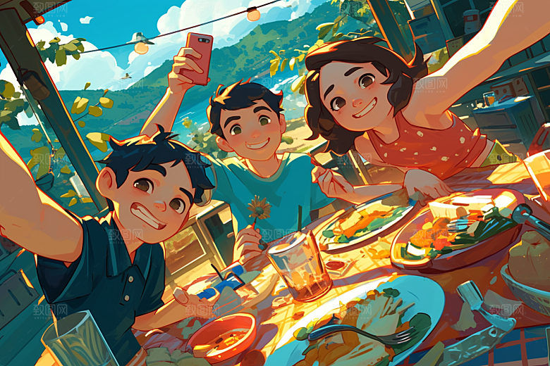 夏日聚会漫画风场景插画
