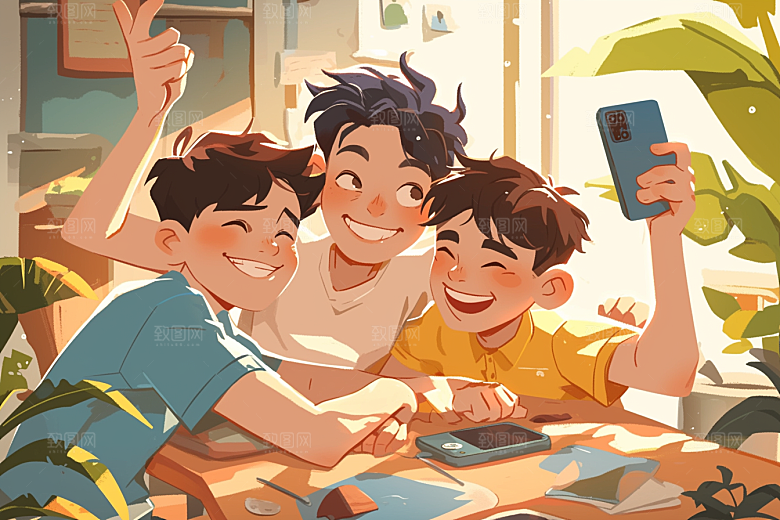 夏日聚会自拍同学插画