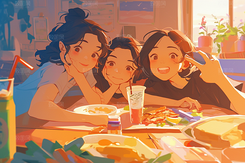 夏日聚会自拍友情插画
