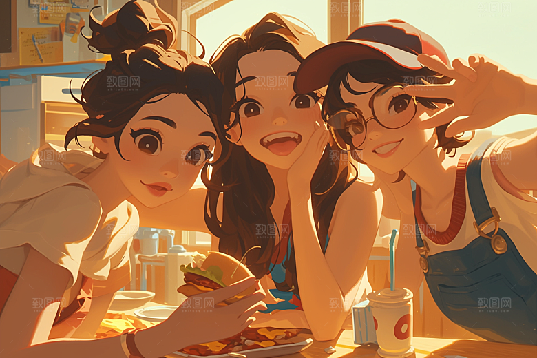 夏日聚会自拍高清插画