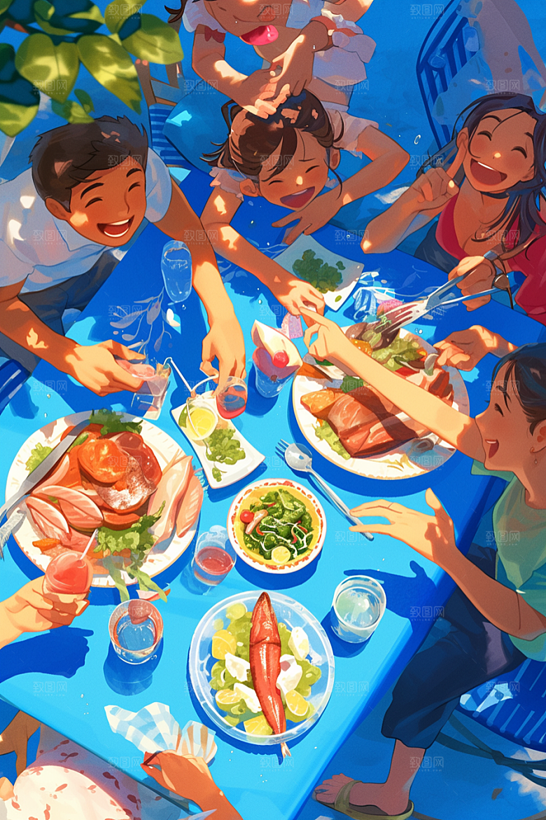 夏日聚会场景漫画风插画