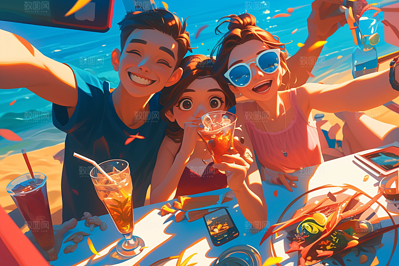 夏日聚会发小漫画风插画