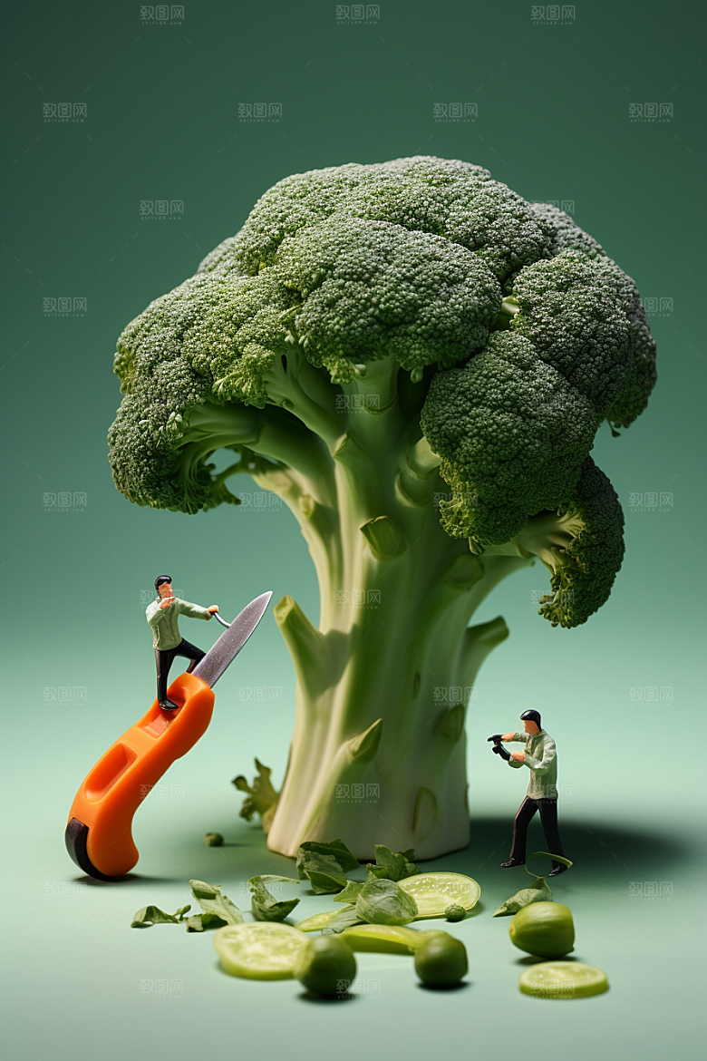 西蓝花绿色种植微距小人