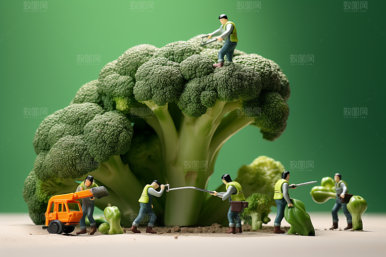 西蓝花收获农业微距小人