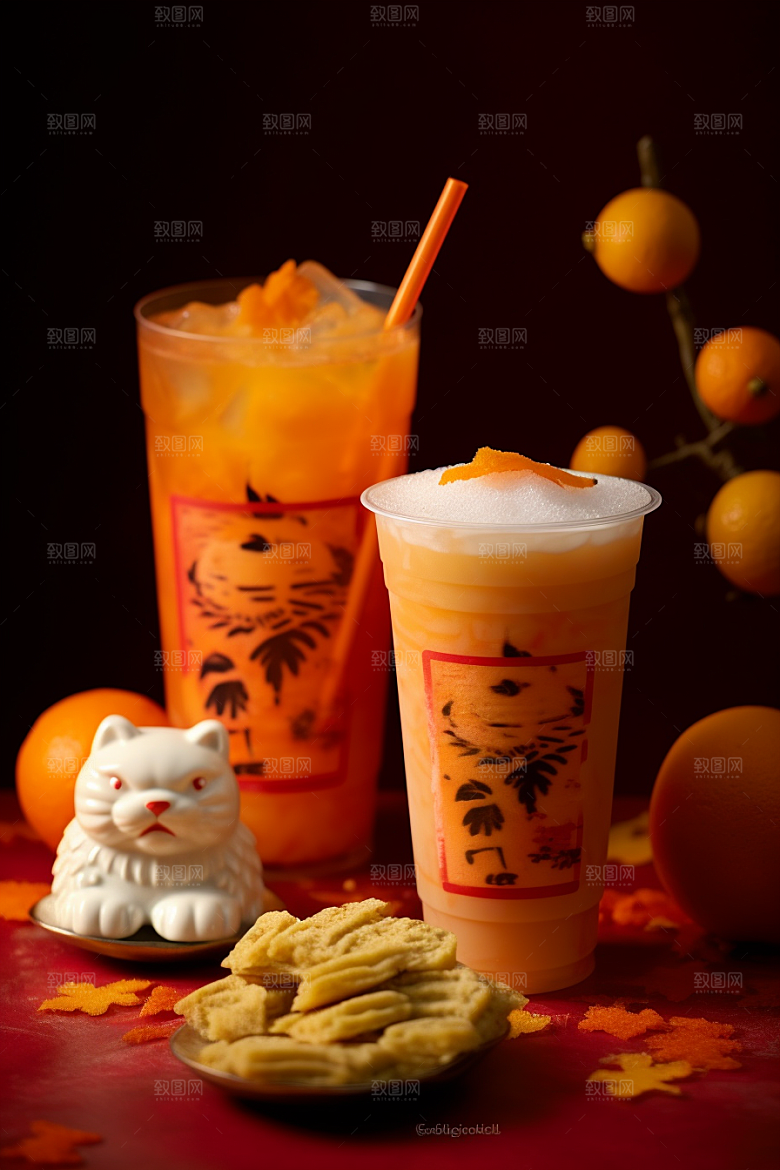 新春奶茶热饮喜庆摄影图