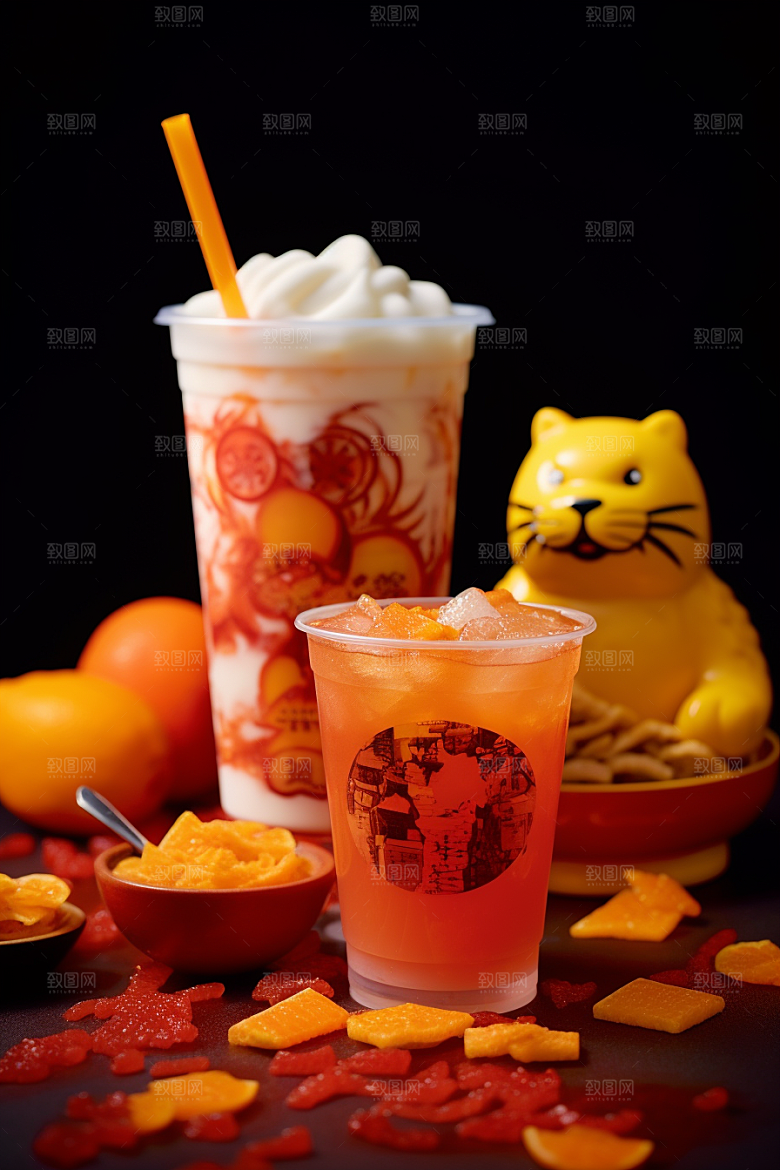 新春奶茶喜庆热闹摄影图