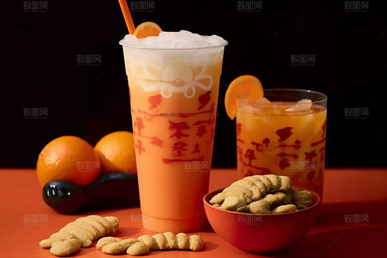 新春奶茶奶盖热饮摄影图