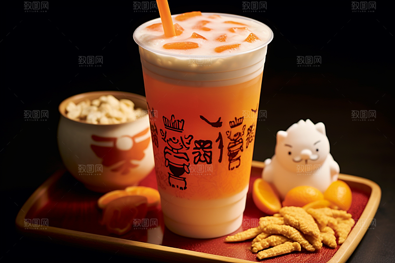 新春奶茶美食奶盖摄影图