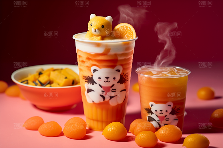 新春奶茶热闹美食摄影图