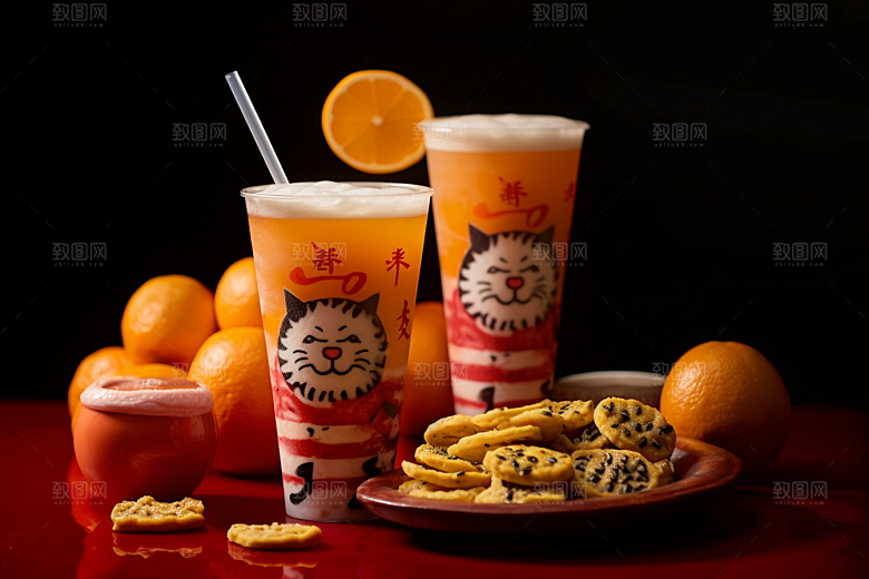 新春奶茶美食热闹摄影图