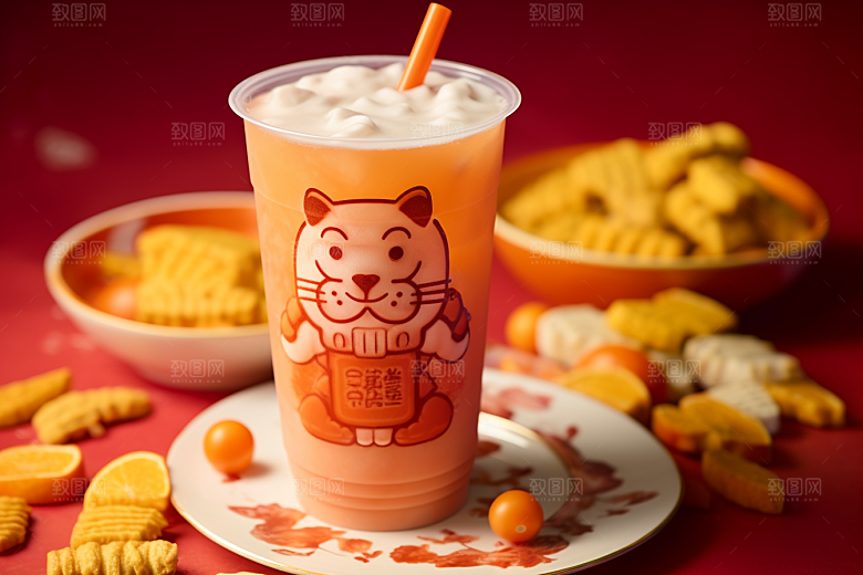 新春奶茶春节喜庆摄影图