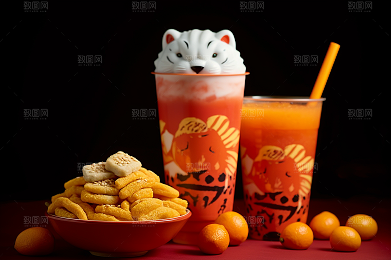 新春奶茶热闹喜庆摄影图