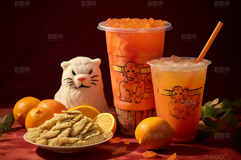 新春奶茶美食热饮摄影图