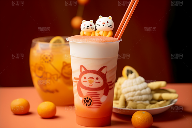 新春奶茶春节喜庆摄影图
