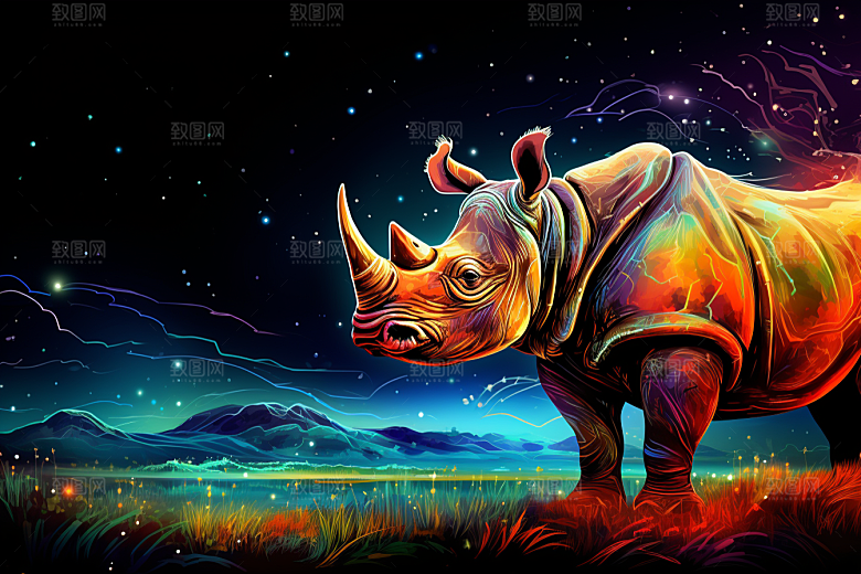 犀牛动物活化石插画