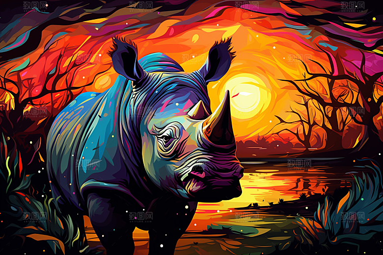 犀牛生态动物插画