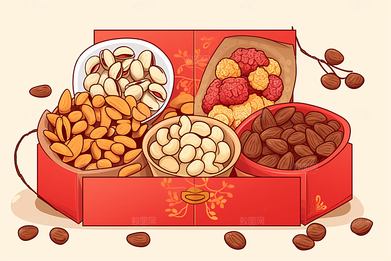 坚果礼盒年货礼盒干货插画