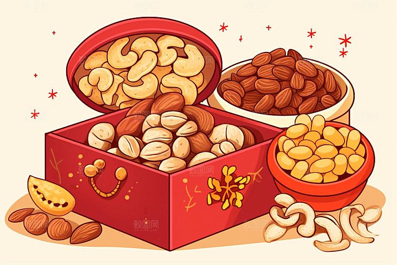 坚果礼盒春节美味插画