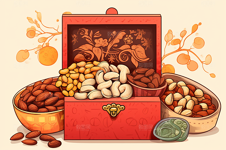 坚果礼盒年货礼盒新年插画