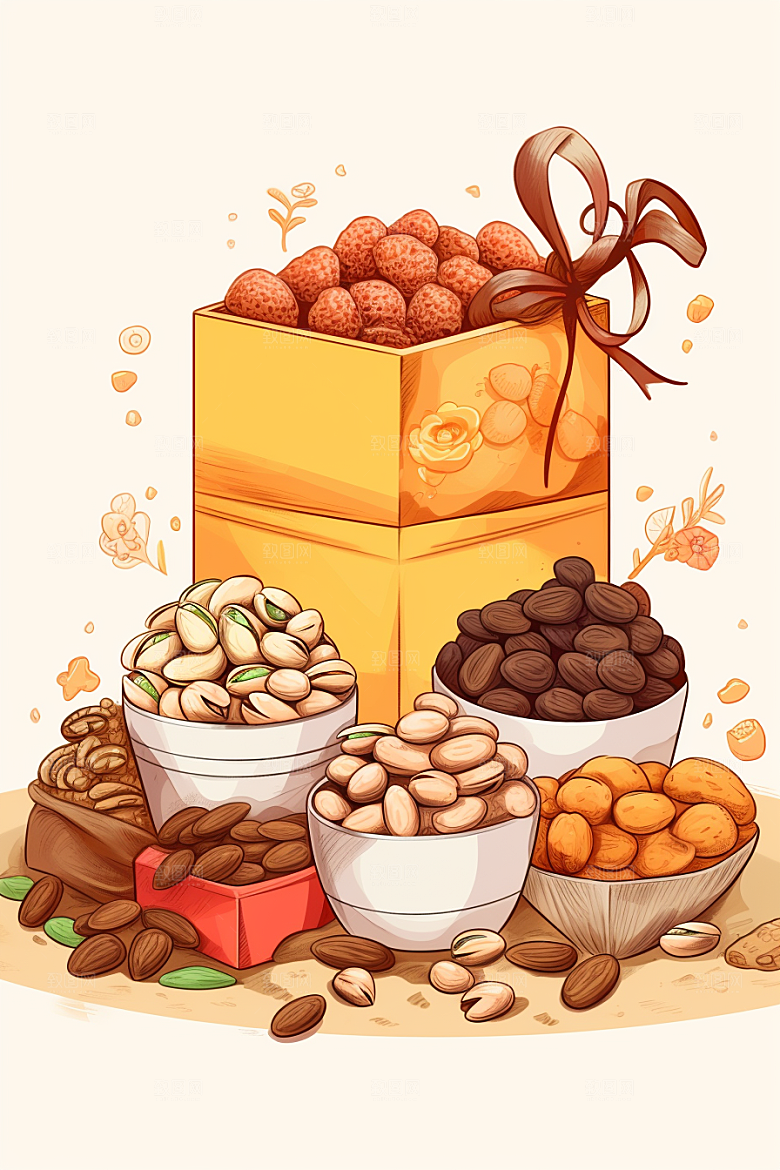 坚果礼盒美食手绘插画