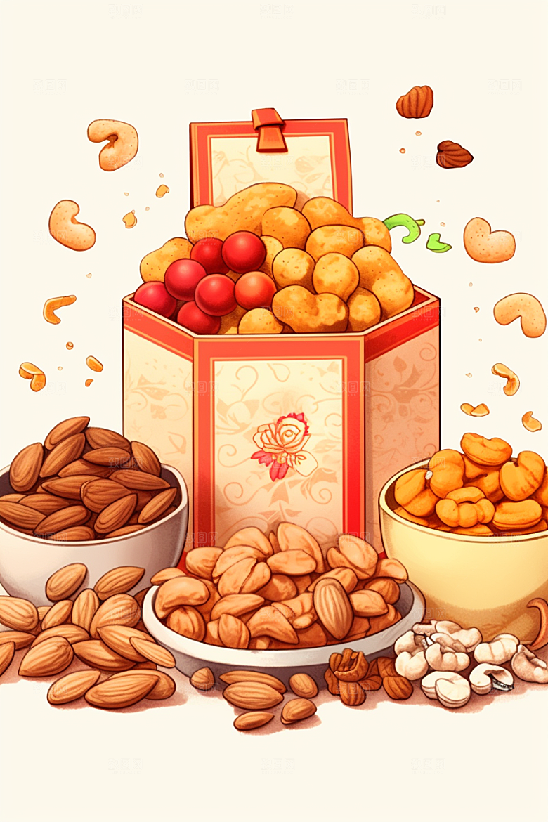 坚果礼盒干果新年插画
