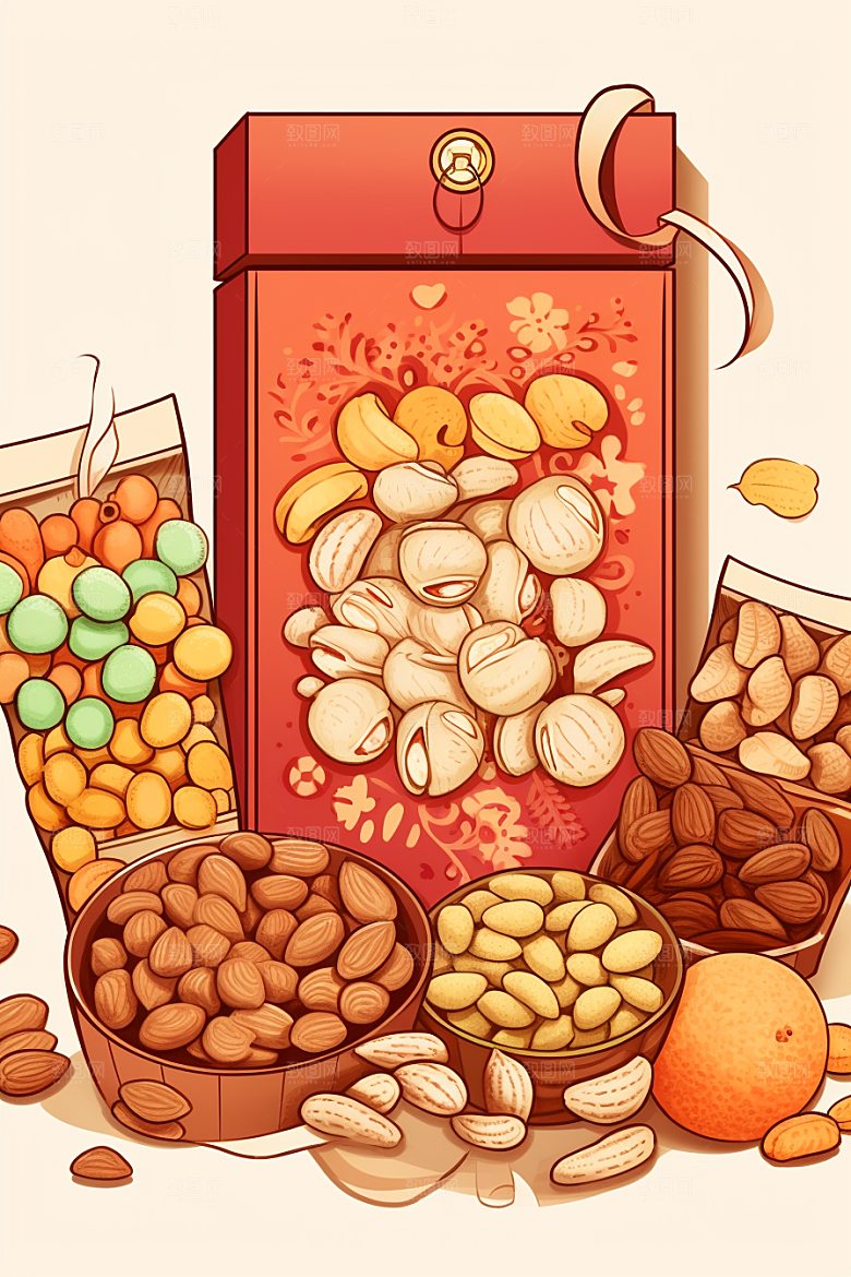 坚果礼盒美食新年插画