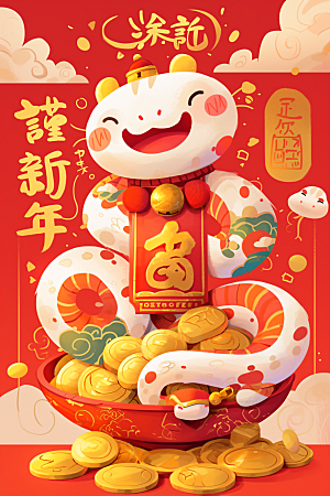 新年生肖蛇插画吉祥如意素材